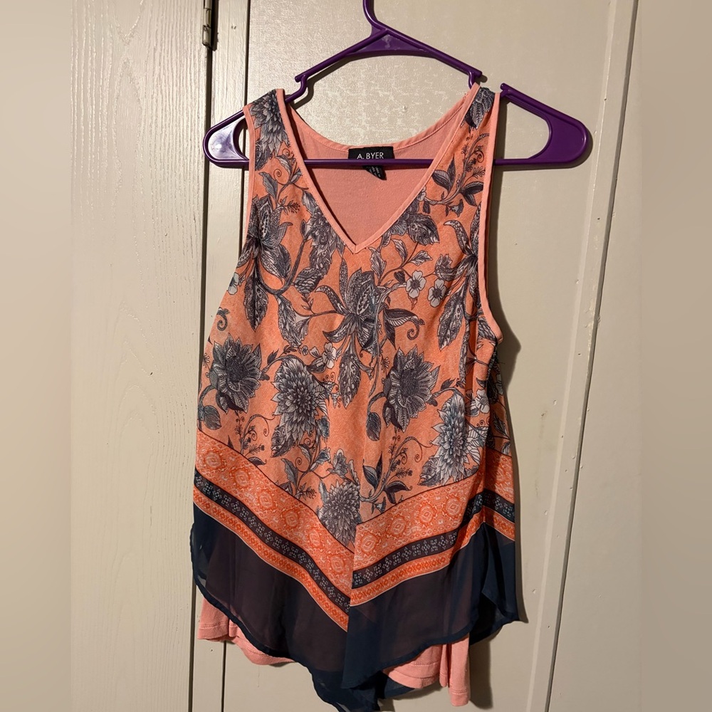 A. Byer Women's Floral V-Neck Blouse - Coral and Blue